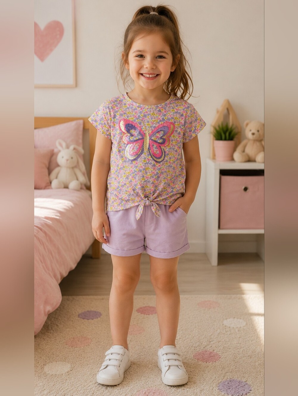 NWT Colette Lilly Pink Floral Butterfly Sequin Tie-Front Top & Lilac Shorts Set
